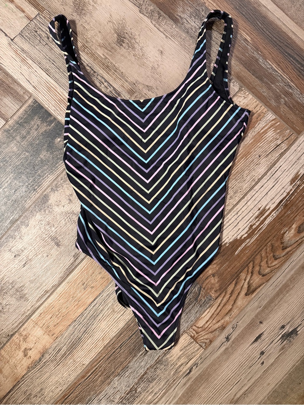 PINK Victoria's Secret Black One-Piece Swimsuit with Pastel Stripes